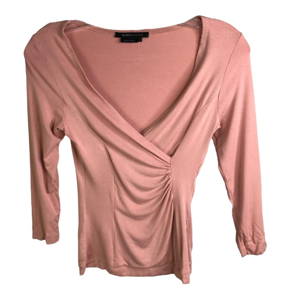 BCBG Maxazria Blouse Womens Size Small Pink Surplice Neckline Long‎ Sleeve